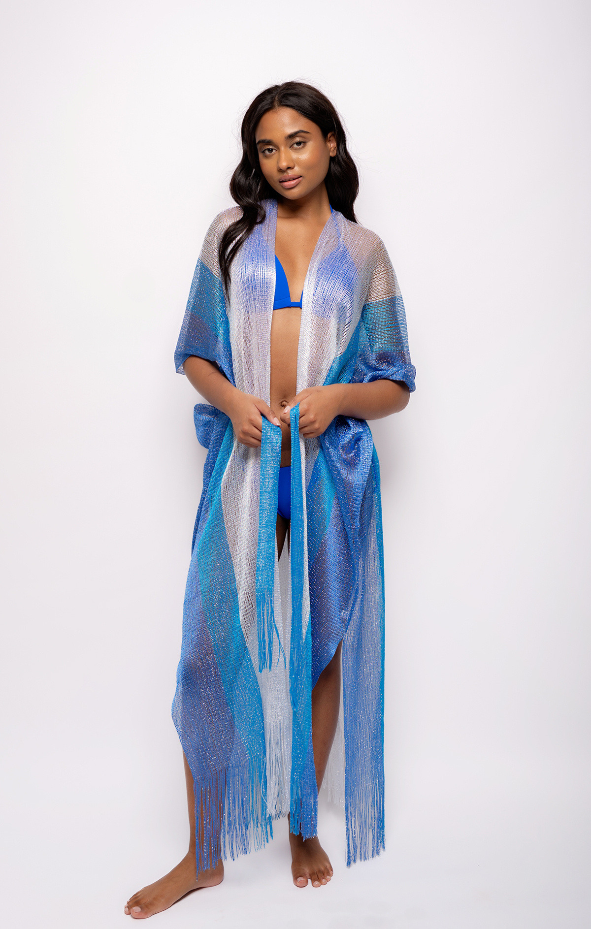 Wholesaler BELLE COM'ELLE - Gradient tricolor shiny mesh beach poncho