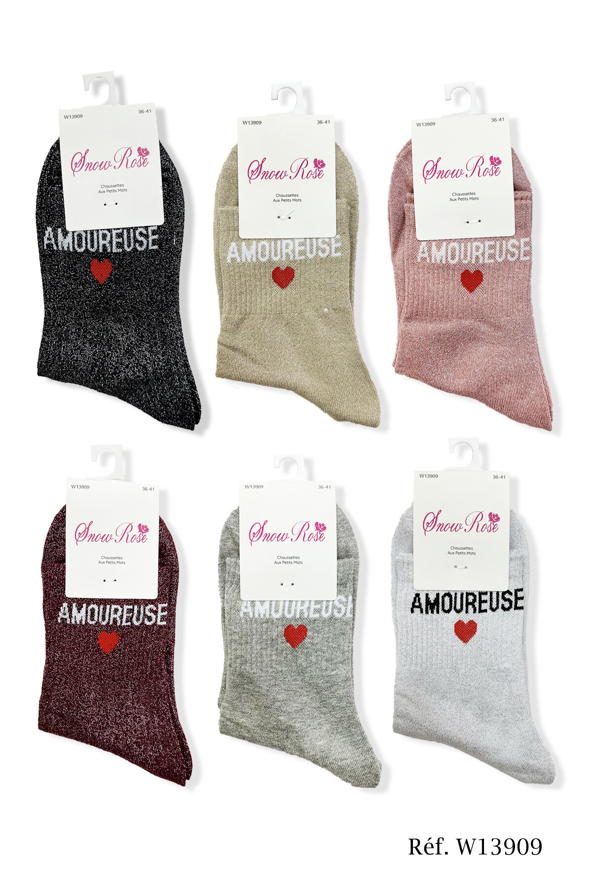 Grossiste Snow Rose - Chaussettes brillantes "AMOUREUSE ❤️"