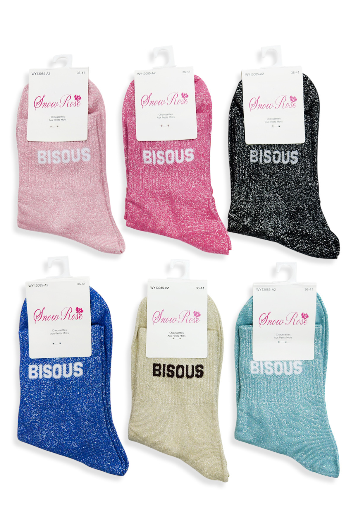 Grossiste Snow Rose - Chaussettes brillantes "BISOUS"