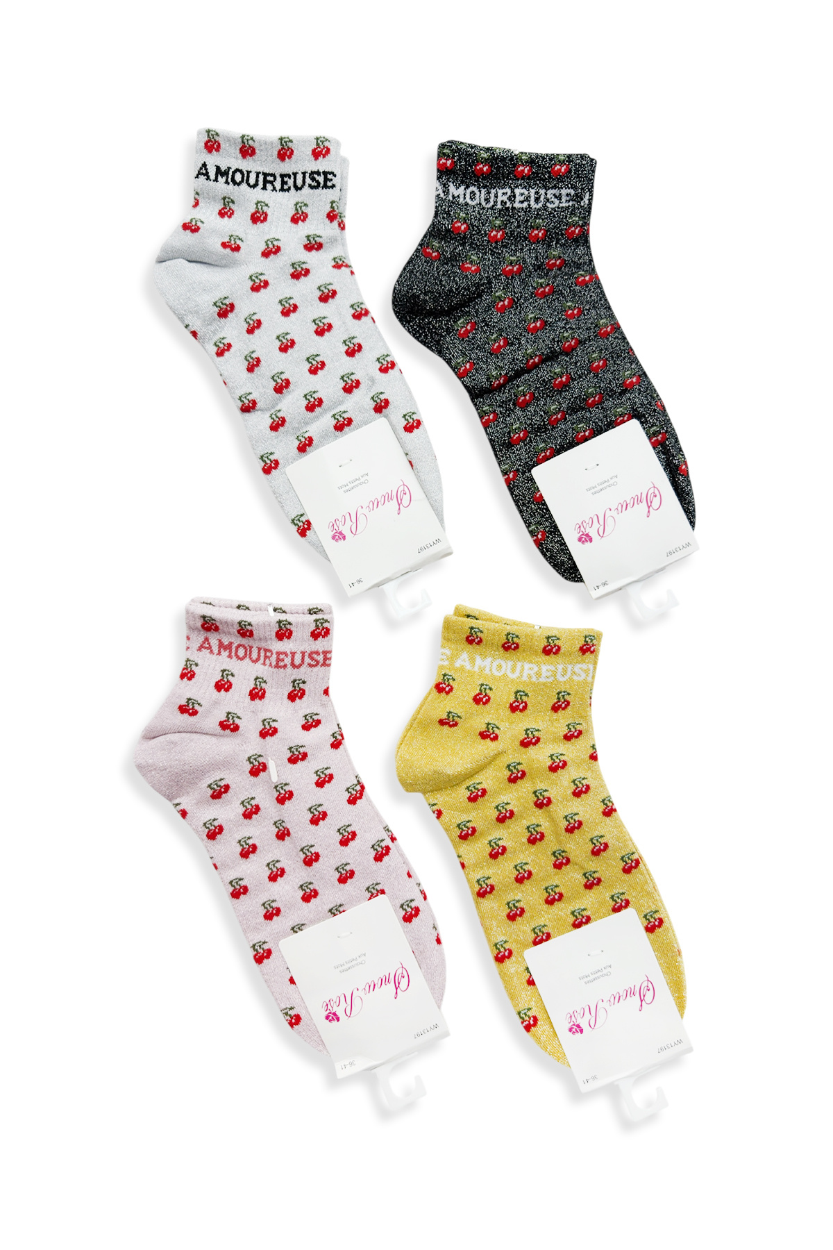 Grossiste Snow Rose - Chaussettes Pailletées Cerises Courtes « AMOUREUSE »