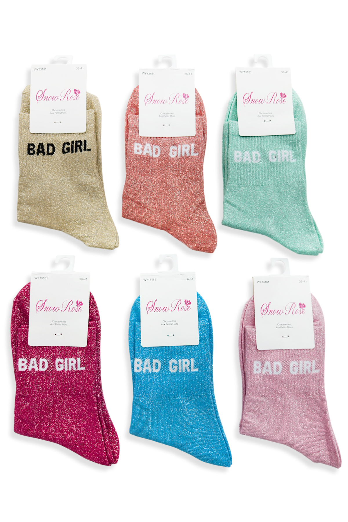Grossiste Snow Rose - Chaussettes brillantes "BAD GIRL"