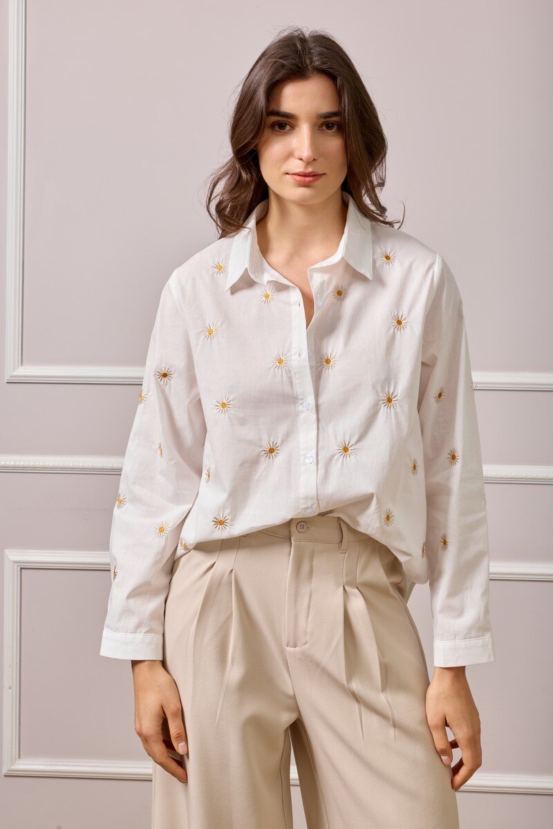 Lightweight embroidered floral cotton shirt for women, perfect for spring/summer, imported from China.