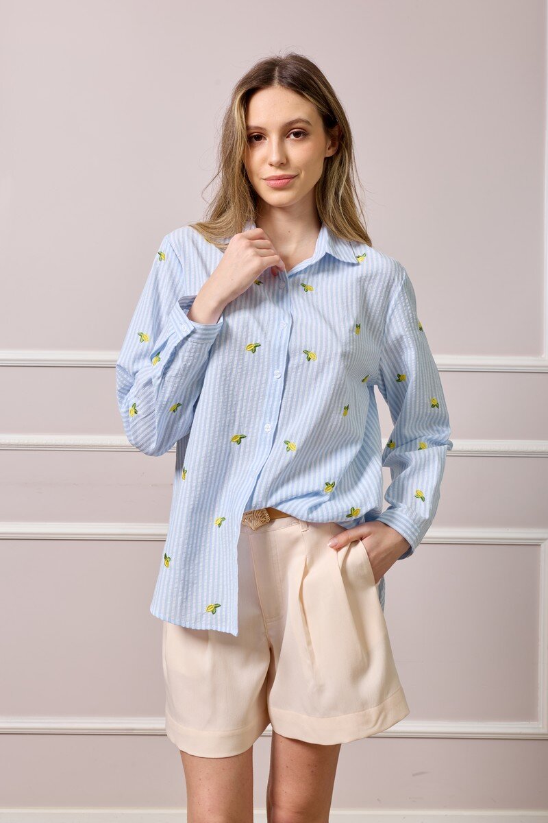 Striped shirt with floral embroidery, cotton-polyester, perfect for spring/summer, made in China.