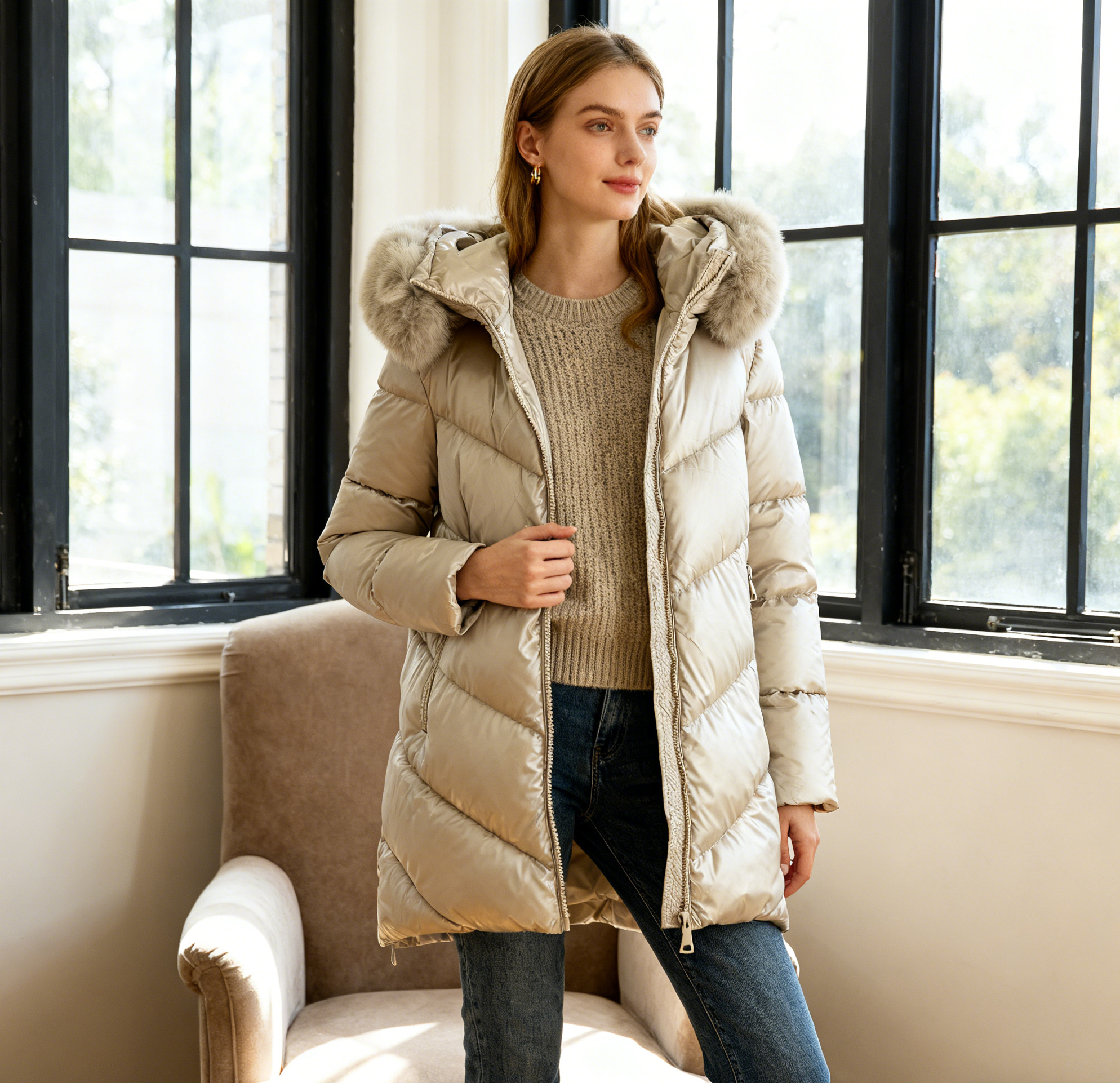 Shiny mid-length puffer jacket with fur | Paris Fashion Shops