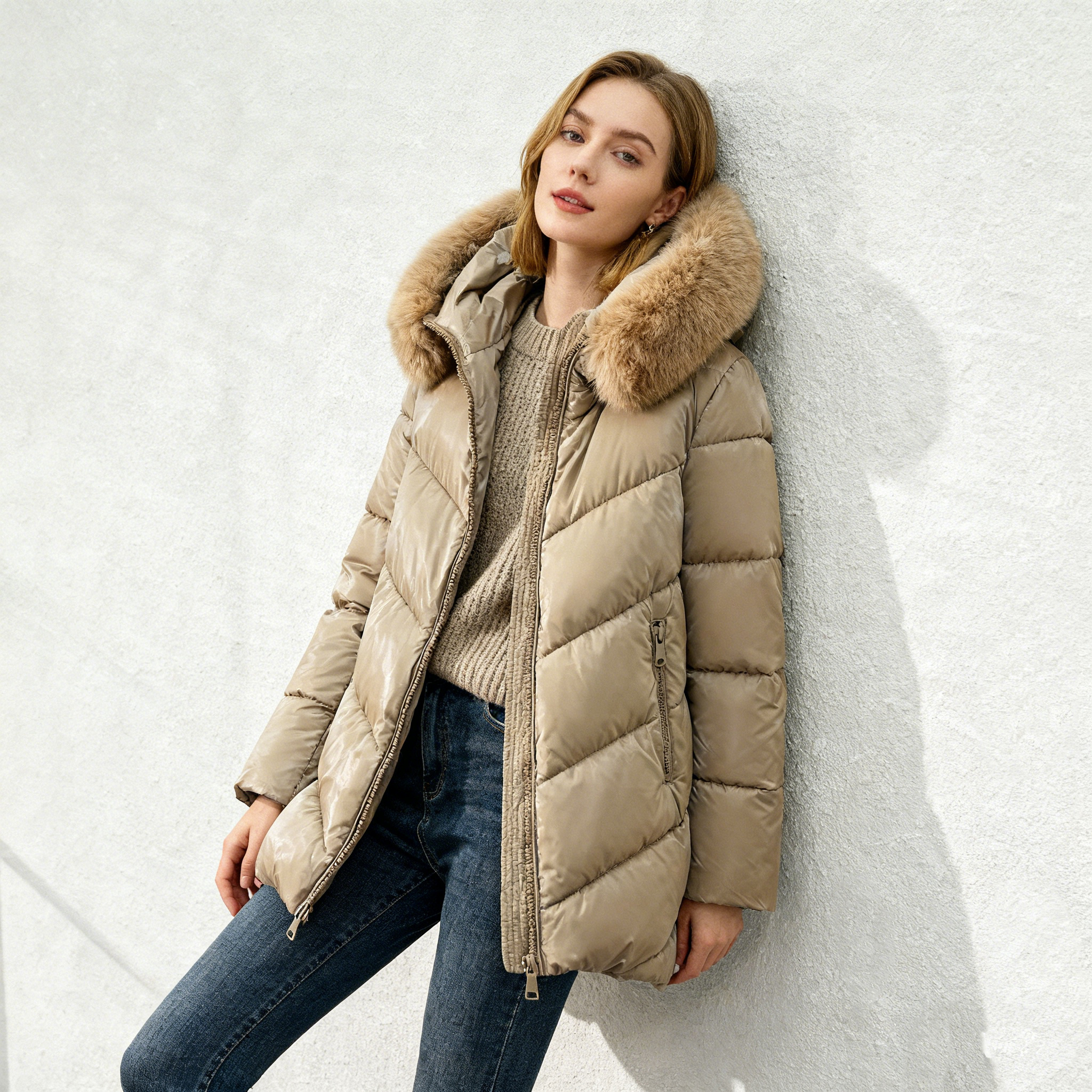 Shiny mid-length puffer jacket with fur | Paris Fashion Shops