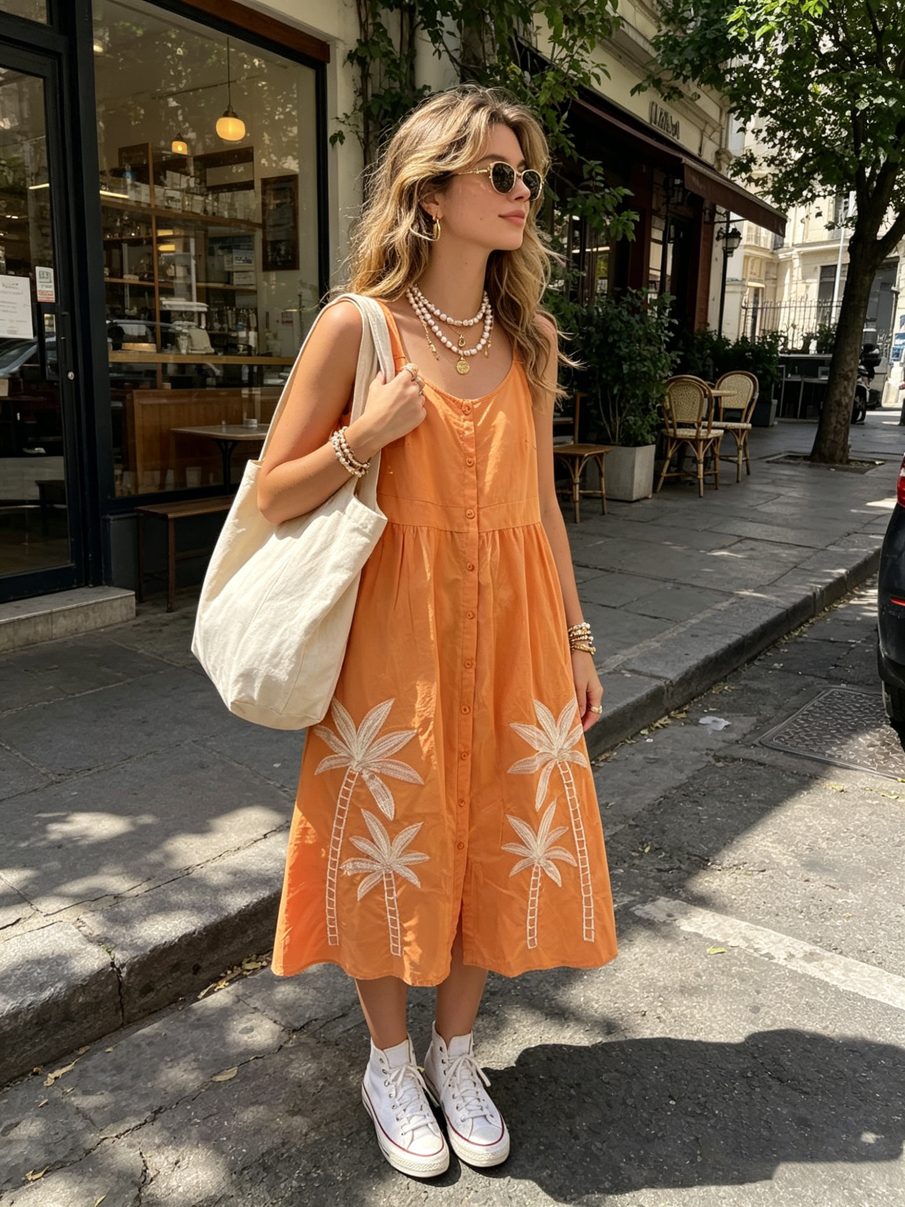 Women's summer dress, strappy midi dress, palm embroidery dress, casual  bohemian dress, buttoned dress, cotton dress, beach vacation dress, easy  outfit to | Paris Fashion Shops