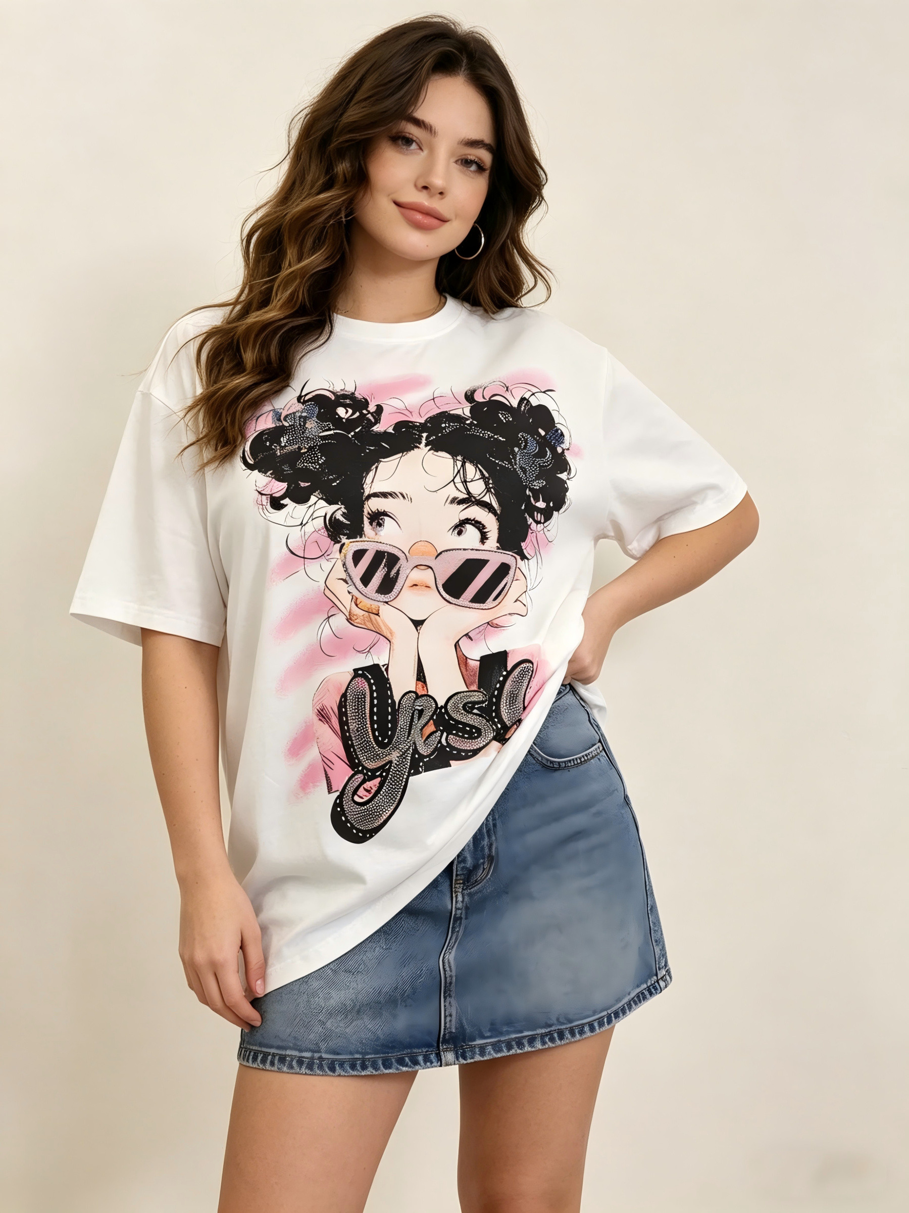 Grossiste SOFLY - T-shirt grande taille femme, tee-shirt oversize, t-shirt imprimé manga, t-shirt strassé, t-shirt noir/blanc, tee-shirt manches courtes, t-shirt streetwe