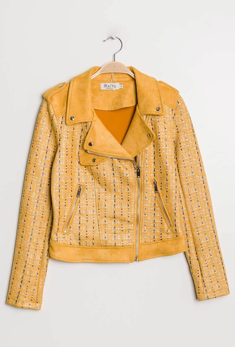 Grossiste Softy Paris - BLOUSON PERFECTO EFFET SUEDINE IMPRIME TWEED