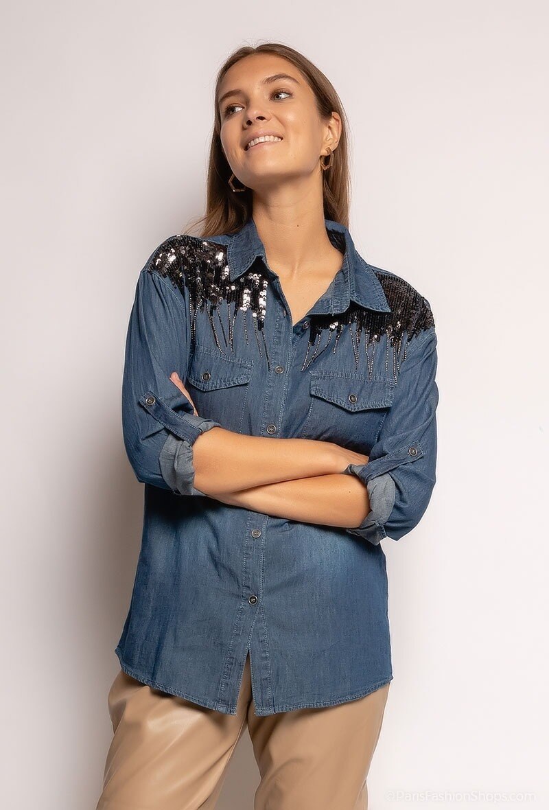 Grossista Softy Paris - Camicia di jeans con paillettes e frange