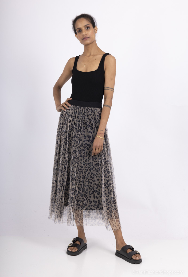 Grossiste Softy Paris - Jupe plissée en tulle imprimé léopard