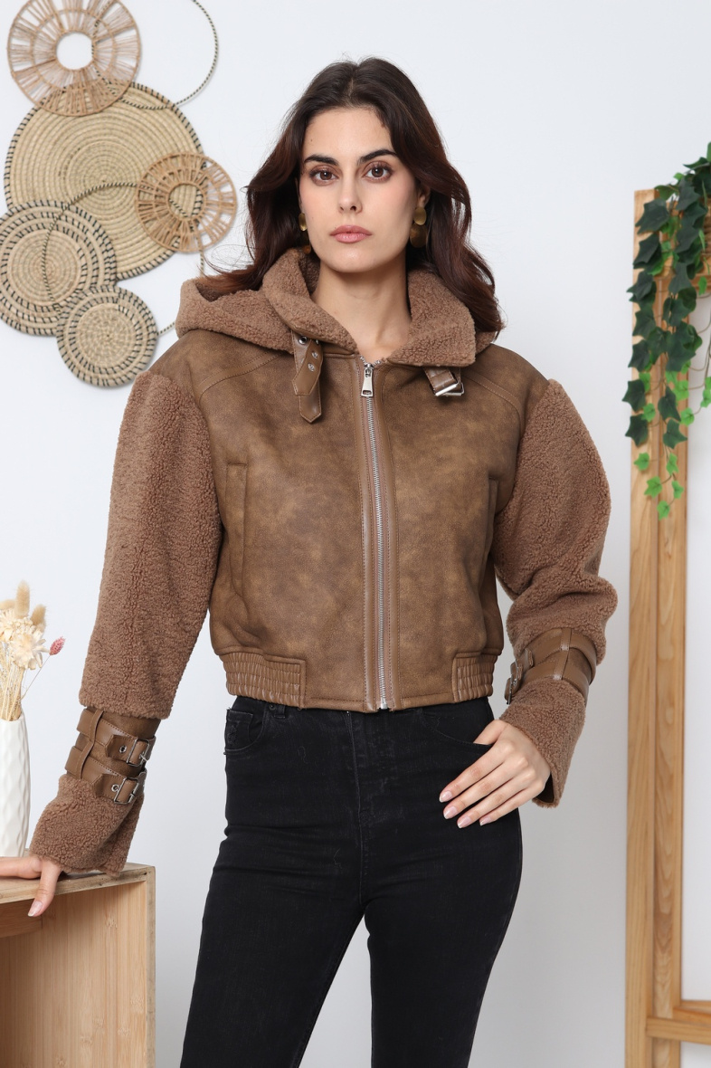 Grossiste Softy Paris - Blouson aviateur bi matière à capuche