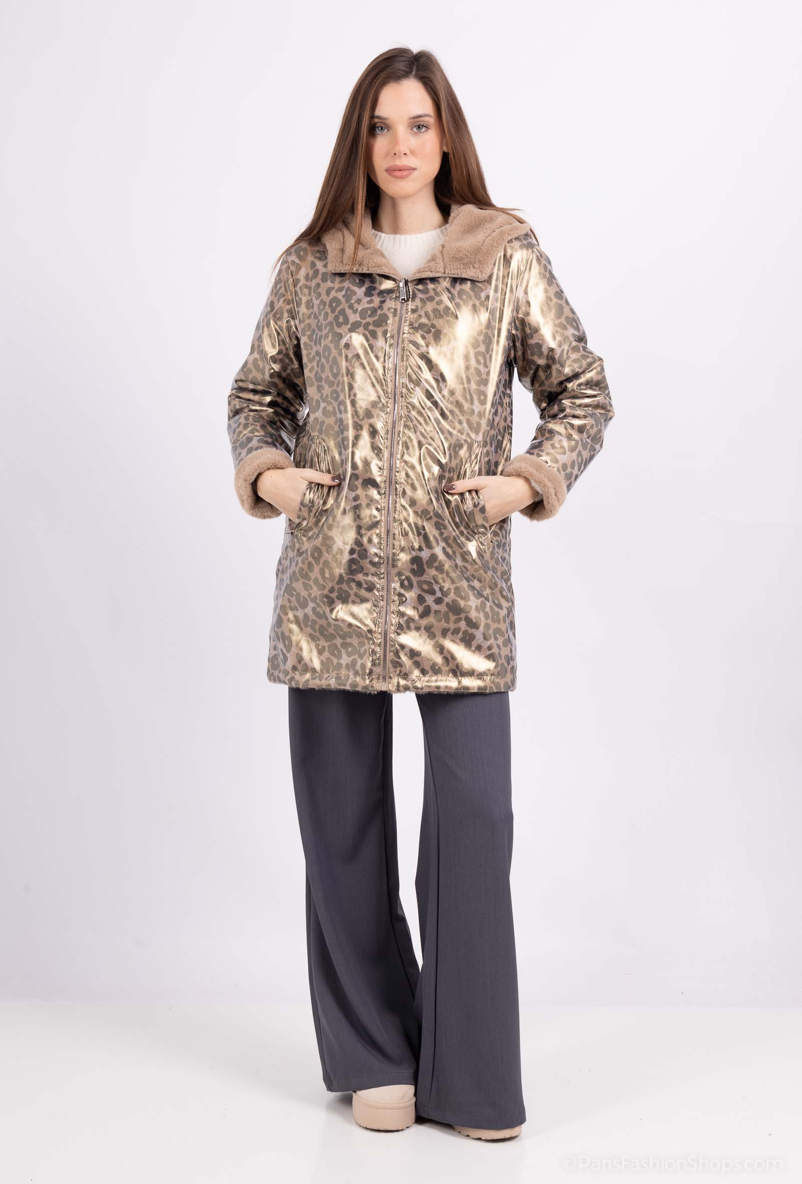 Grossiste Softy Paris - Parka imperméable et réversible imprimé léopard, fourré