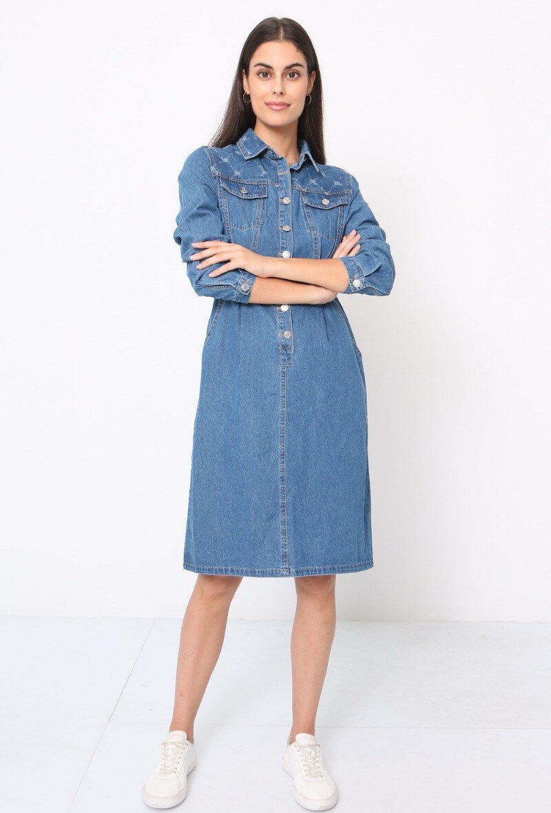 Wholesaler Softy Paris - Robe chemise en jean à détails tissés