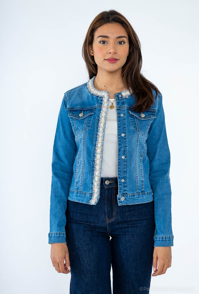 Grossiste Softy Paris - Veste en jeans ornée de galon en tweed