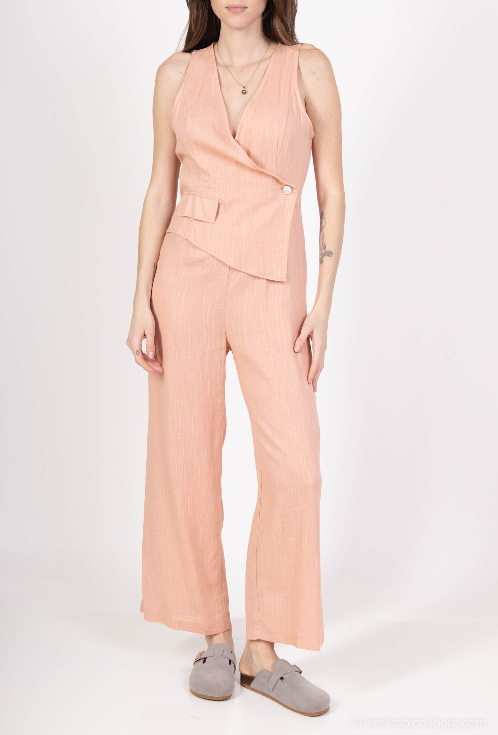 Grossiste SOGGO - Combinaison long en coton et lin , sans manche , détail bouton,