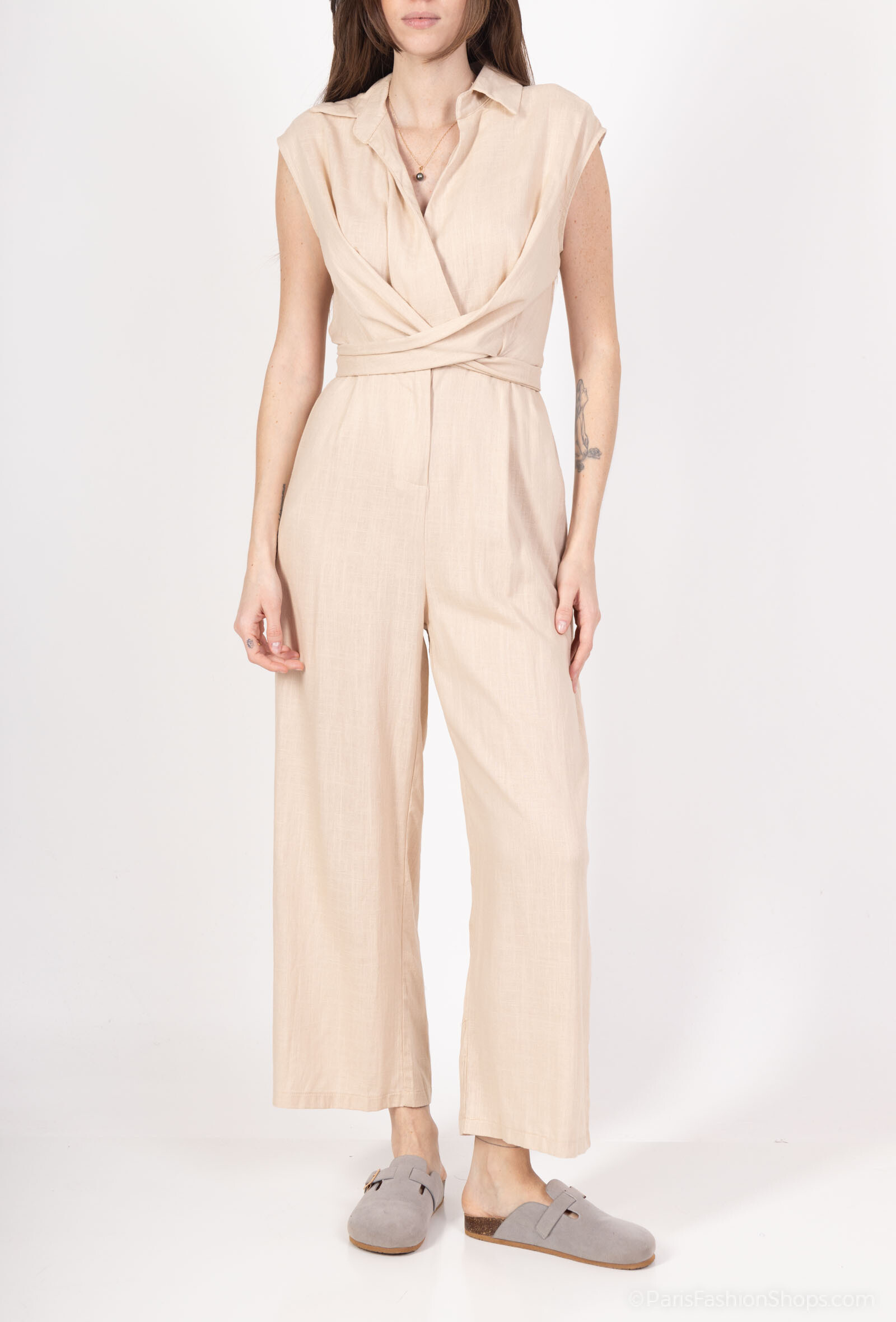 Wholesaler SOGGO - Long cotton and linen combination with collar and belt