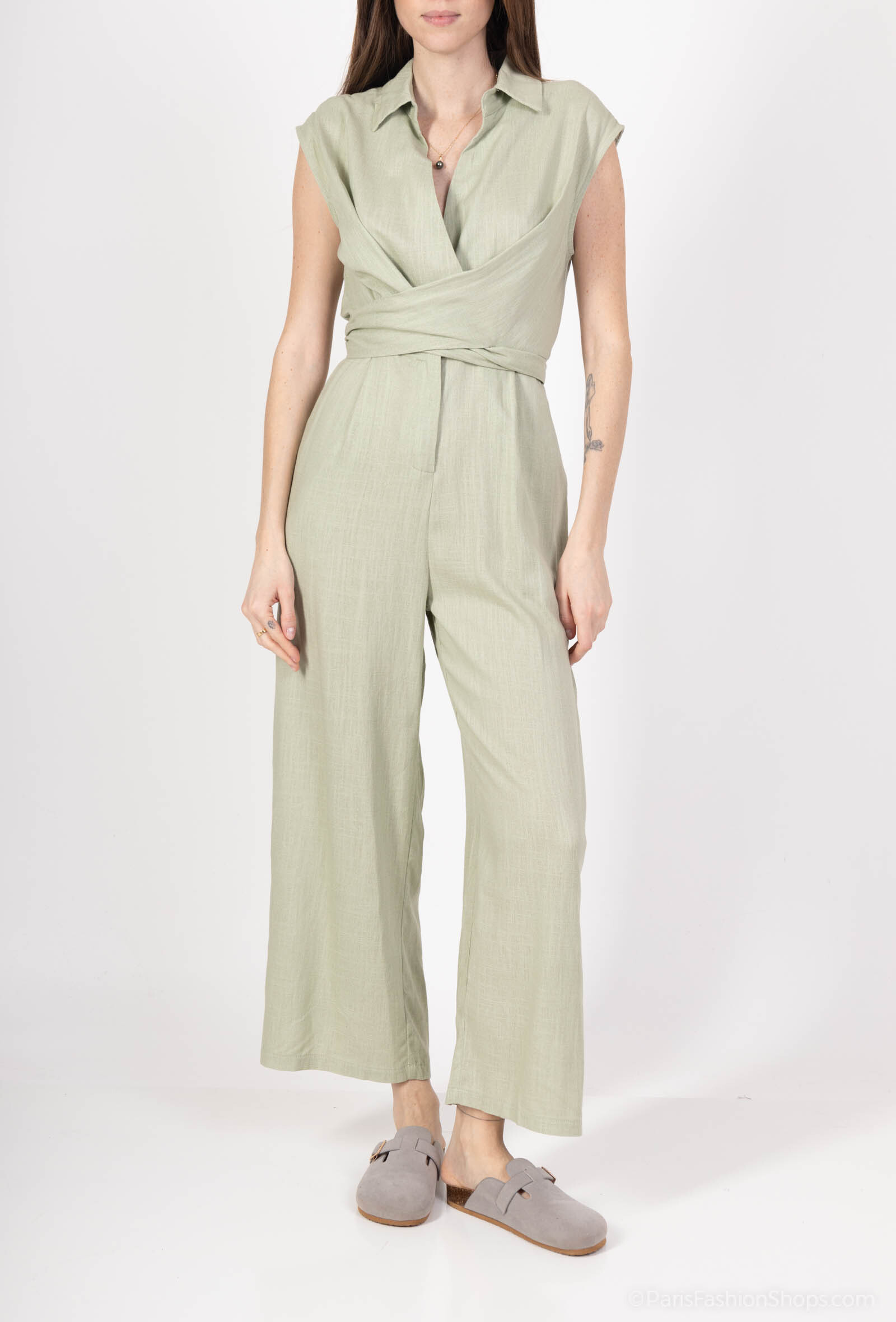 Grossiste SOGGO - Combinaison long en coton et lin avec col et ceinture