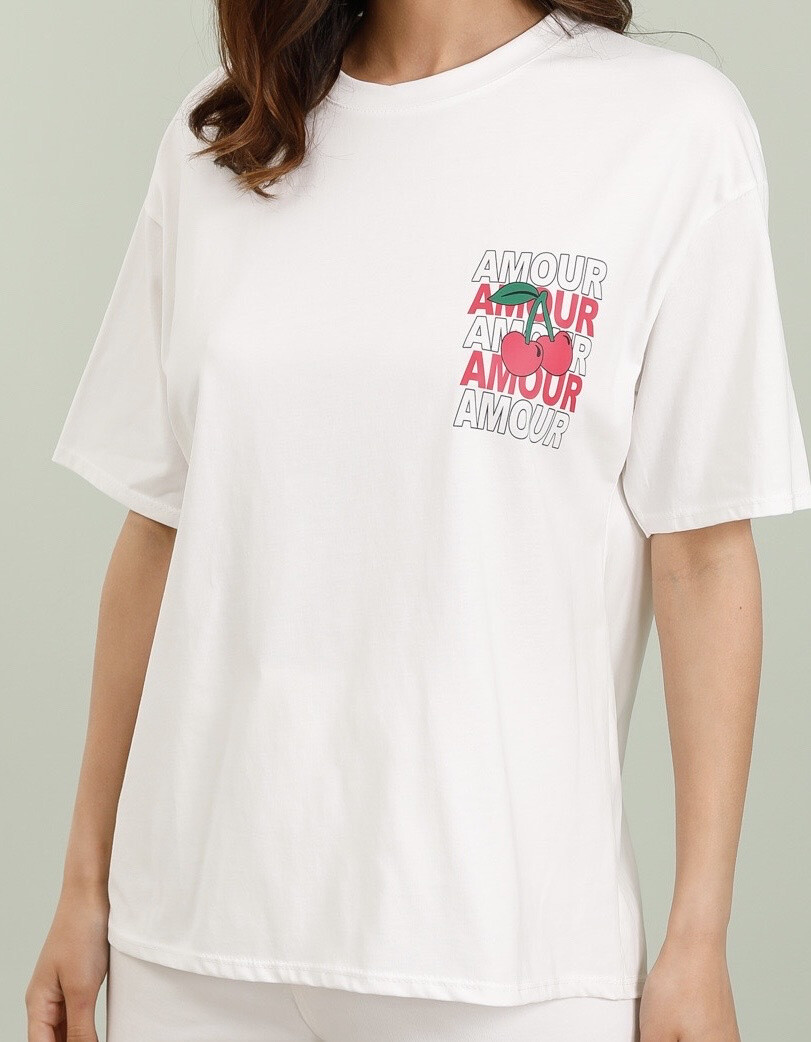 Grossiste SOGGO - T-shirt fluide en coton imprime AMOUR/CERISE