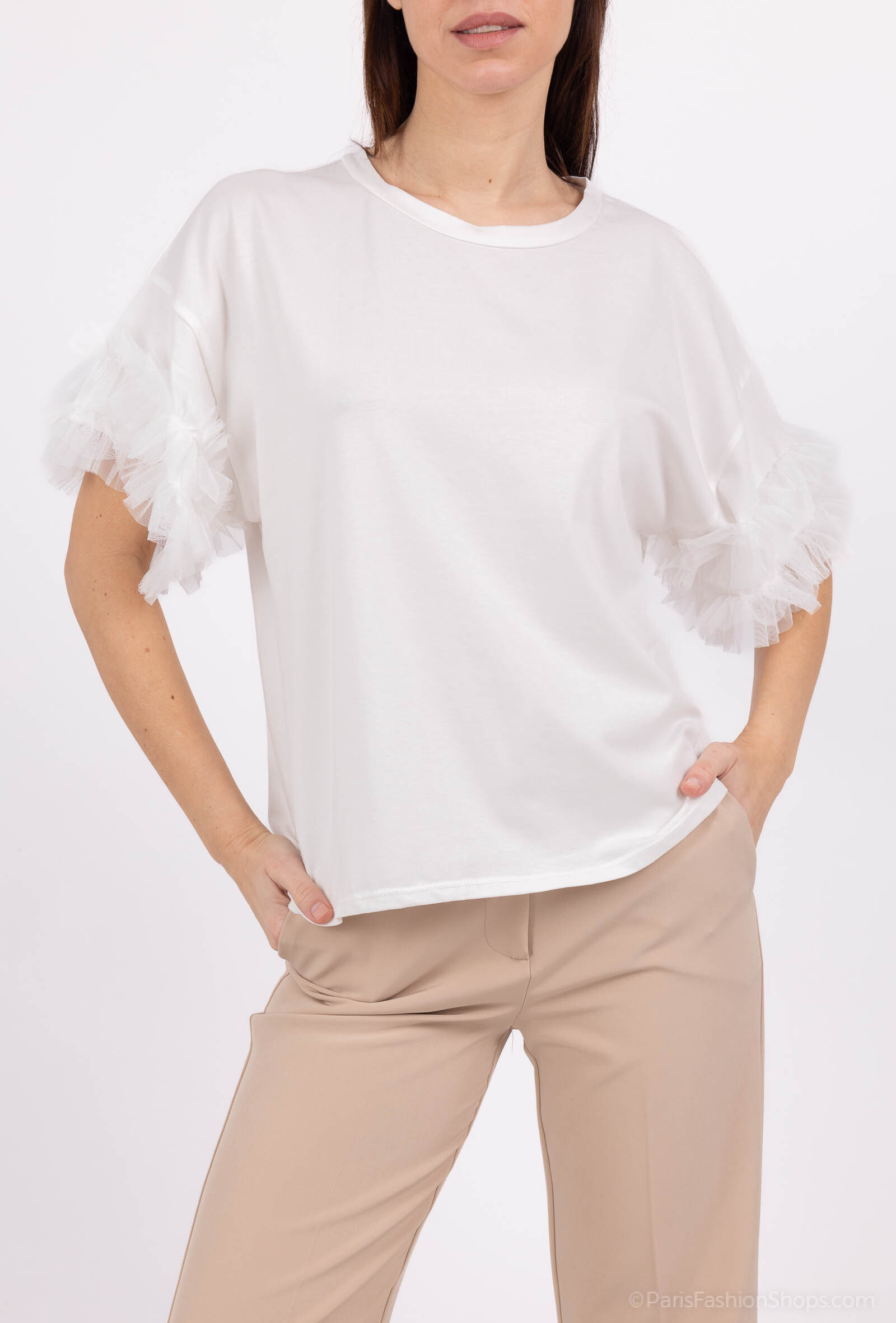 Grossiste SOGGO - T-shirt en coton blanc avec tulles