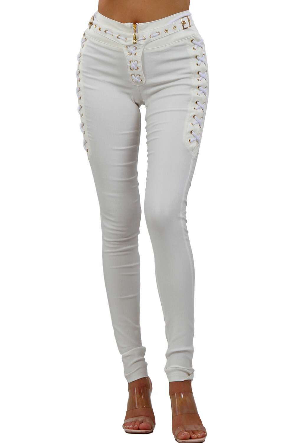 Grossiste SOISBELLE - Pantalon slim avec lacets latéraux et détails dorés, chic et féminin