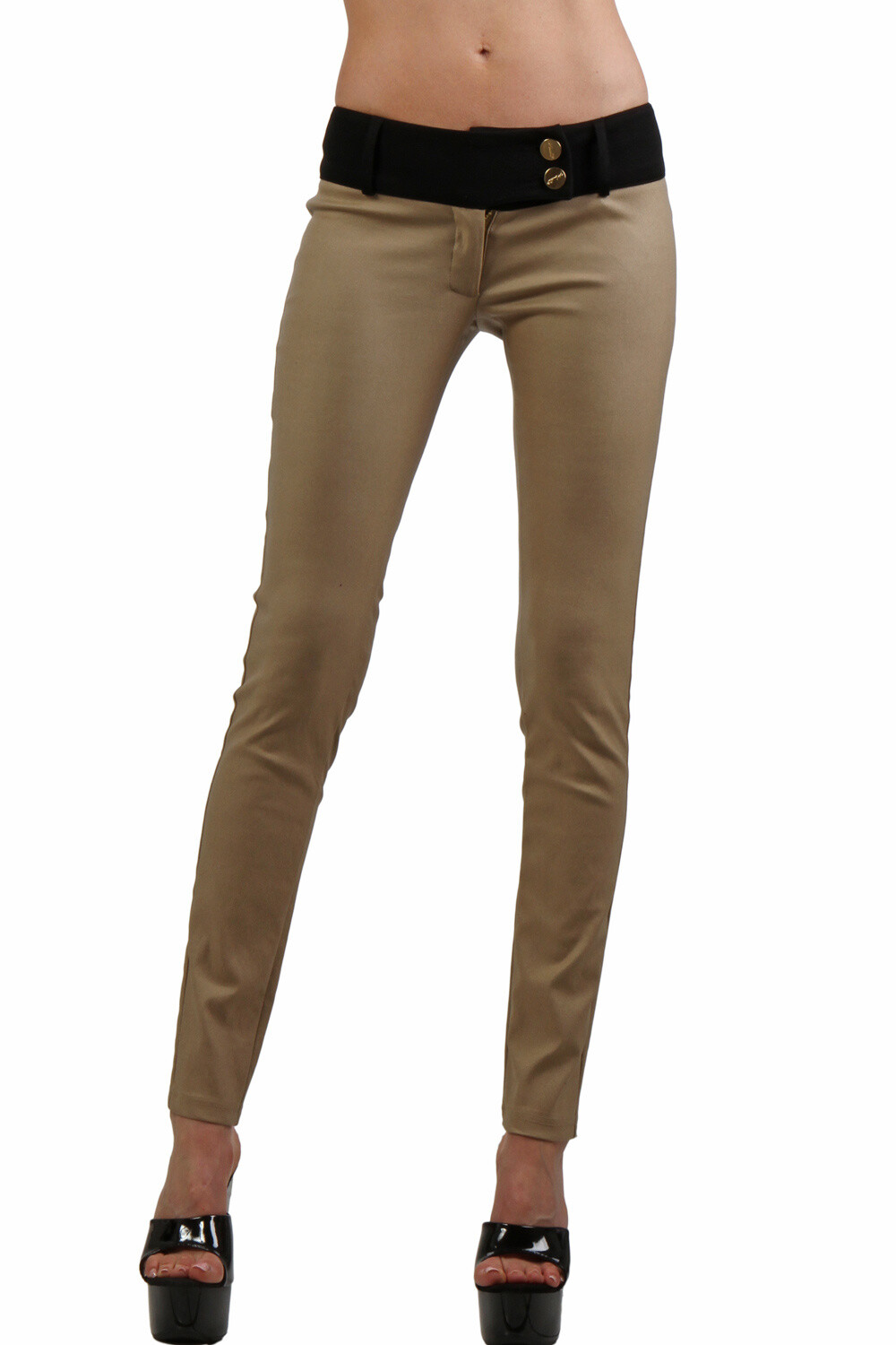Grossiste SOISBELLE - Pantalon skinny camel avec taille contrastante et boutons dorés