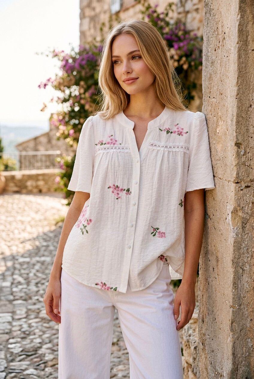 Grossista SOKY & SOKA - Blusa ricamata con fiori blu