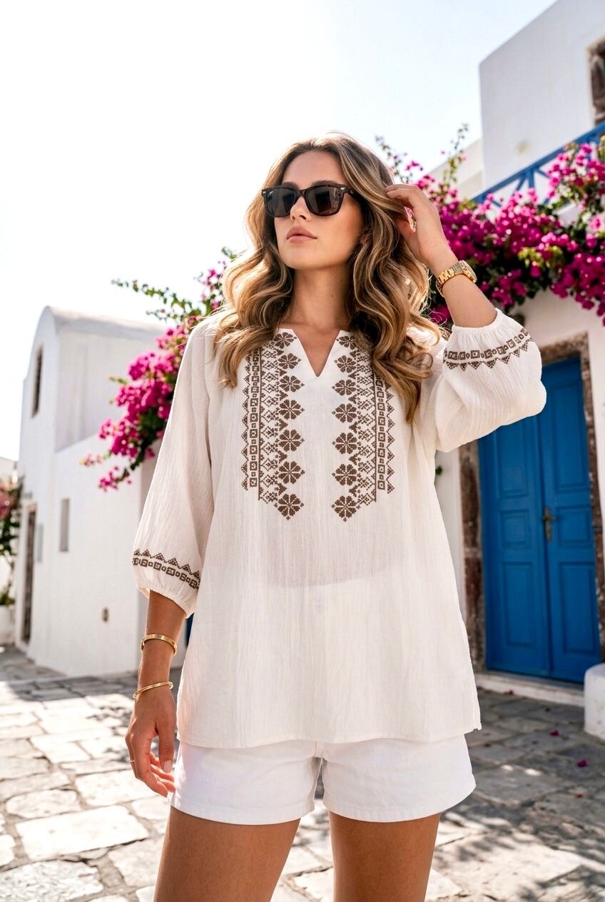 Mayorista SOKY & SOKA - Blusa bohemia bordada con escote abierto