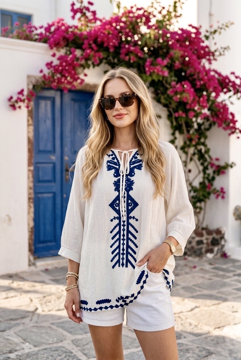 Mayorista SOKY & SOKA - Blusa fluida bordada bohemia en azul y crudo