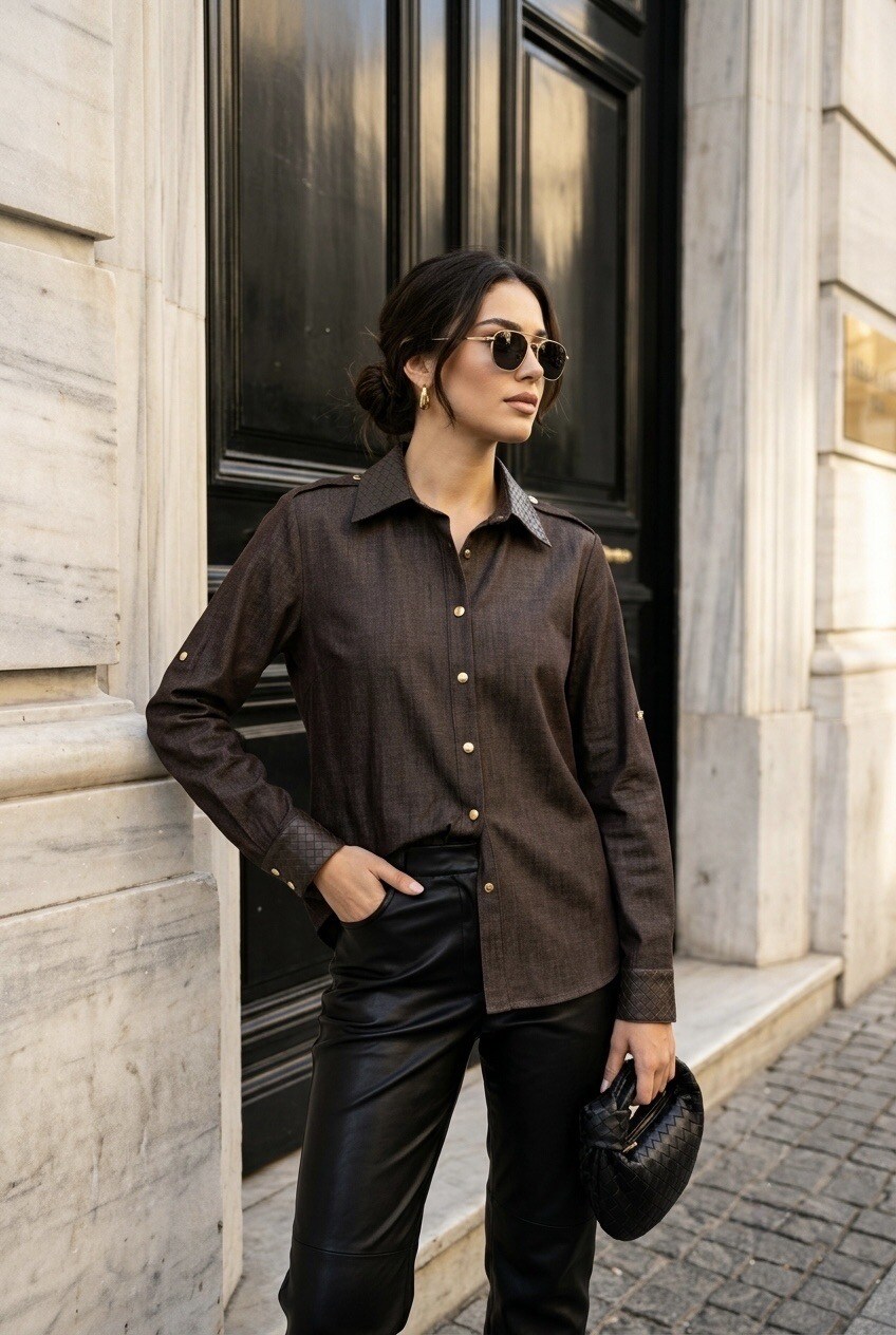 Grossista SOKY & SOKA - Camicia da donna in denim con colletto a contrasto