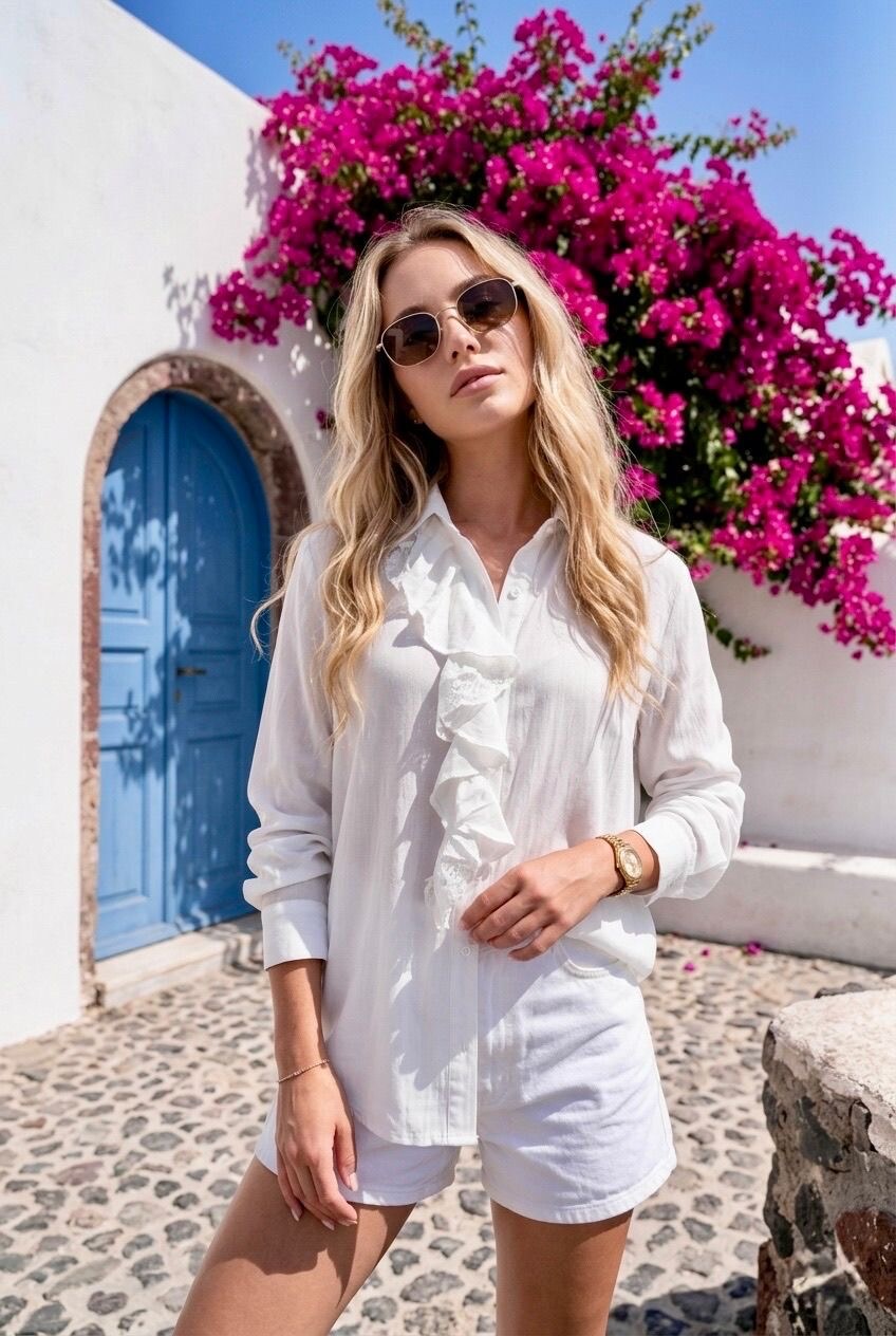 Grossista SOKY & SOKA - Camicia fluida con volant bianca e blu