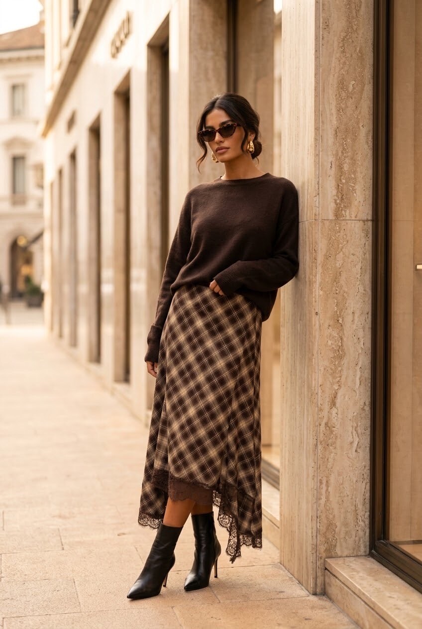 Wholesaler SOKY & SOKA - Women's asymmetrical plaid and lace skirt
