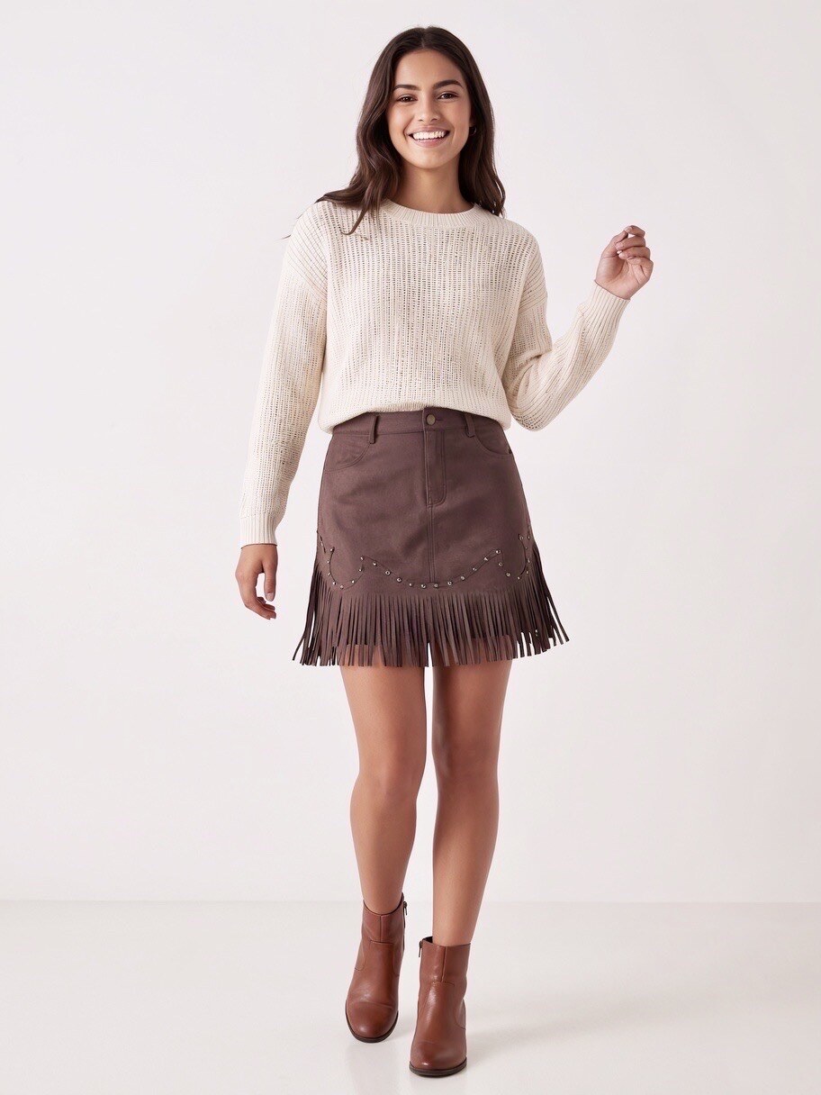 This short suede skirt stands out for its style that is both modern and inspired by timeless codes. Its straight cut highlights the silhouette while offering pleasant everyday comfort. The suede material provides a soft touch and a refined finish, while the delicate fringes at the bottom of the skirt add movement and a note of character. The discreet decorative details on the front reinforce its worked and chic appearance. A versatile piece, ideal for creating elegant, urban or casual looks with a touch of originality.