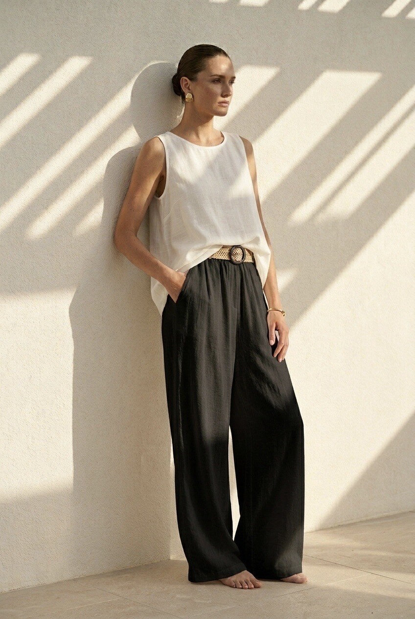 Wholesaler SOKY & SOKA - Flowy wide-leg trousers with a belted waist