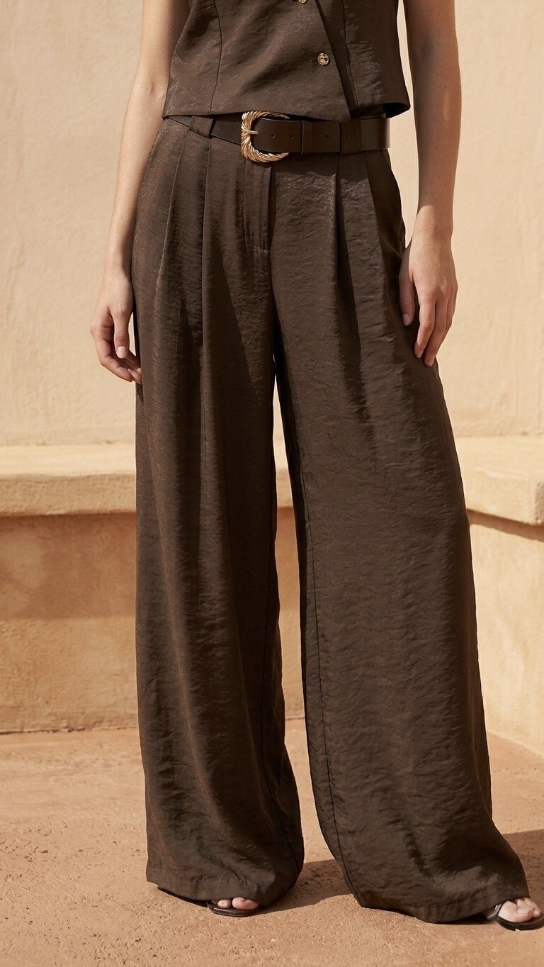 Grossista SOKY & SOKA - Pantaloni larghi da donna a vita alta con pinces e cintura