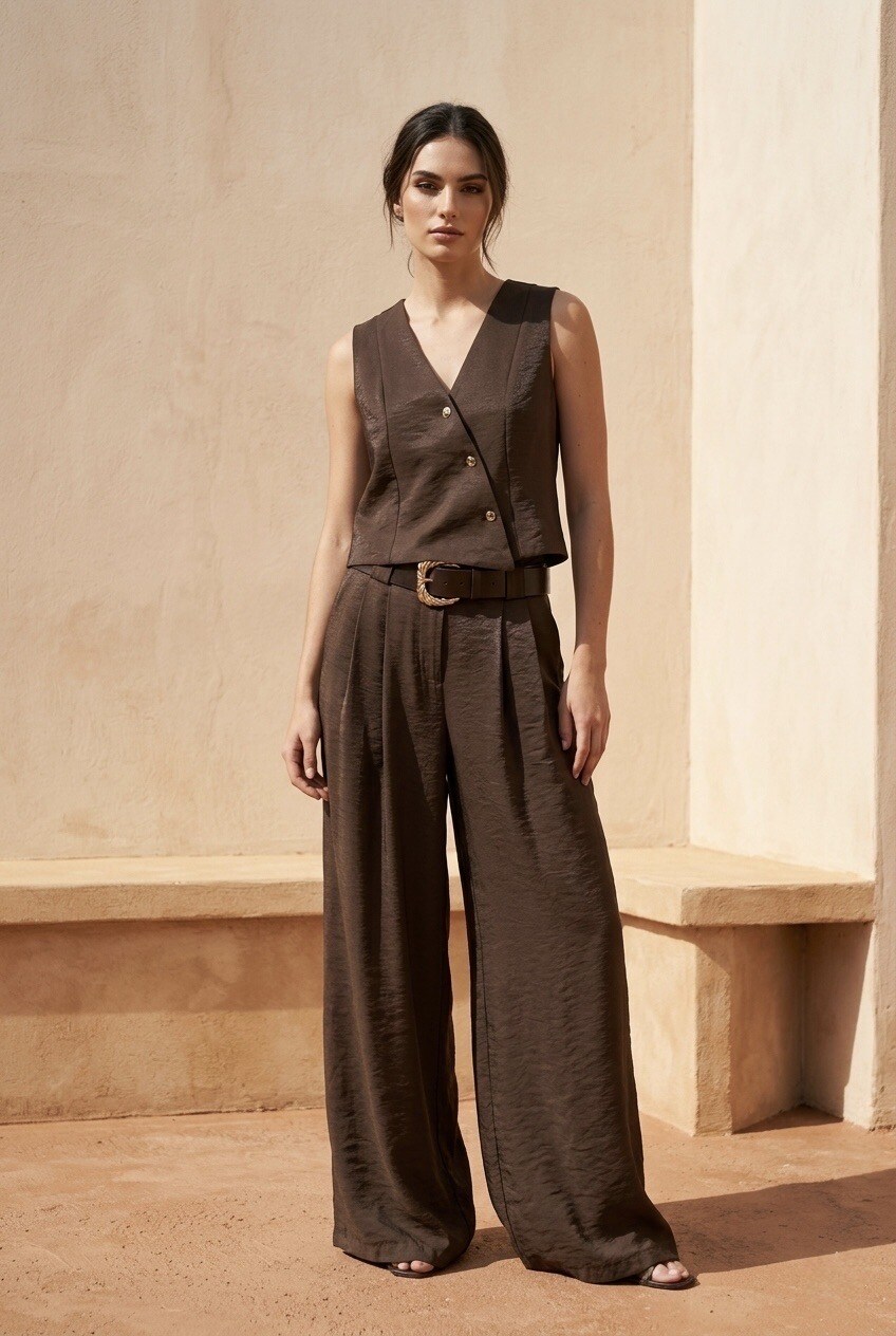 Grossiste SOKY & SOKA - Pantalon large femme taille haute à pinces avec ceinture