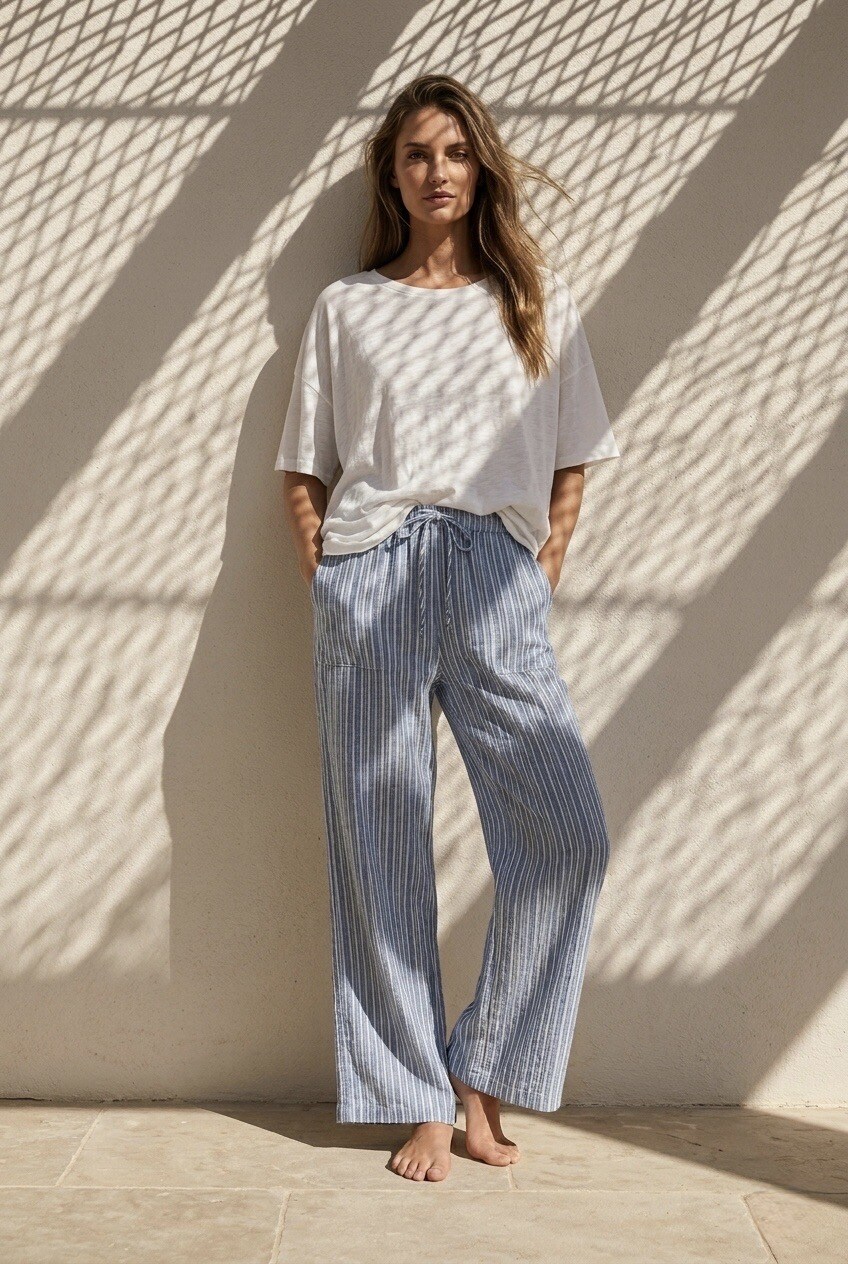 Wholesaler SOKY & SOKA - Flowy striped blue beige trousers