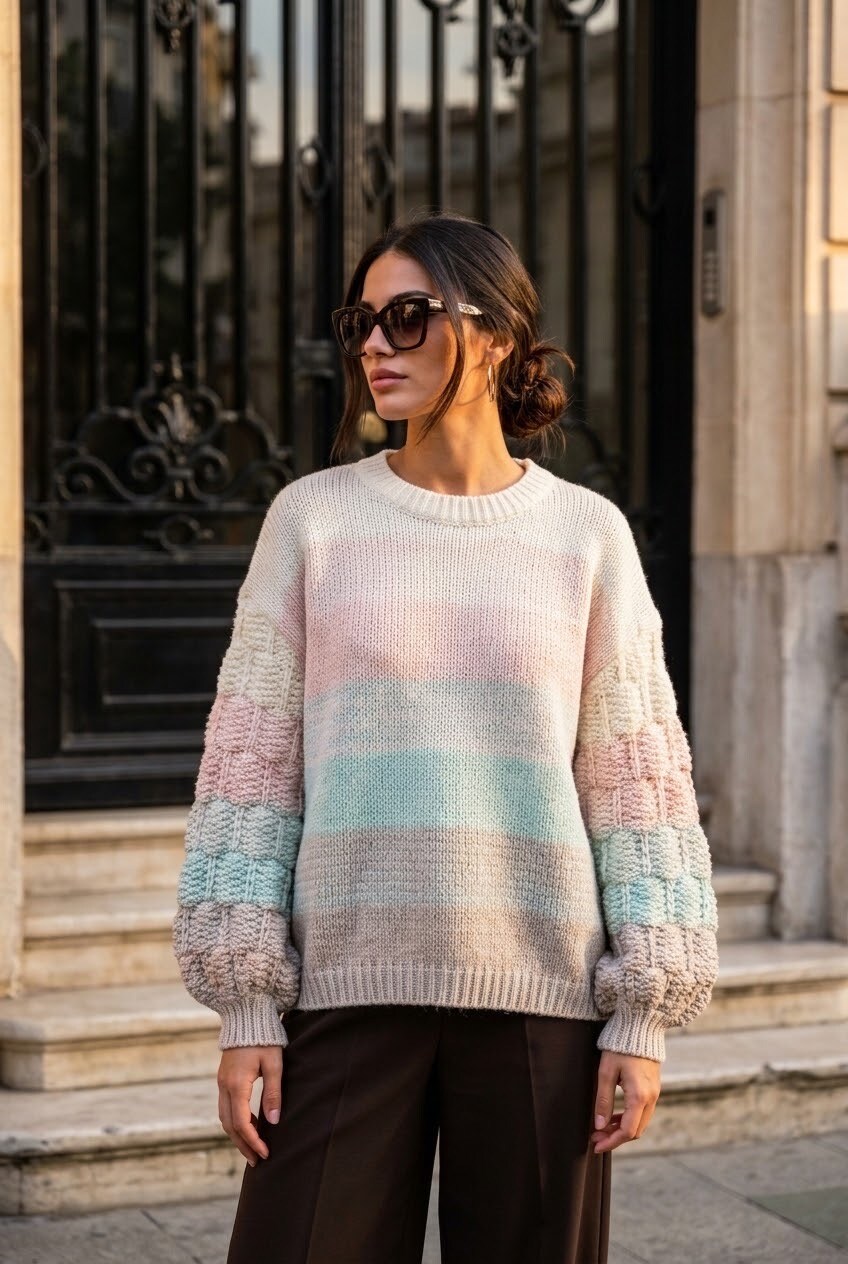 Grossiste SOKY & SOKA - Pull femme dégradé manches texturées