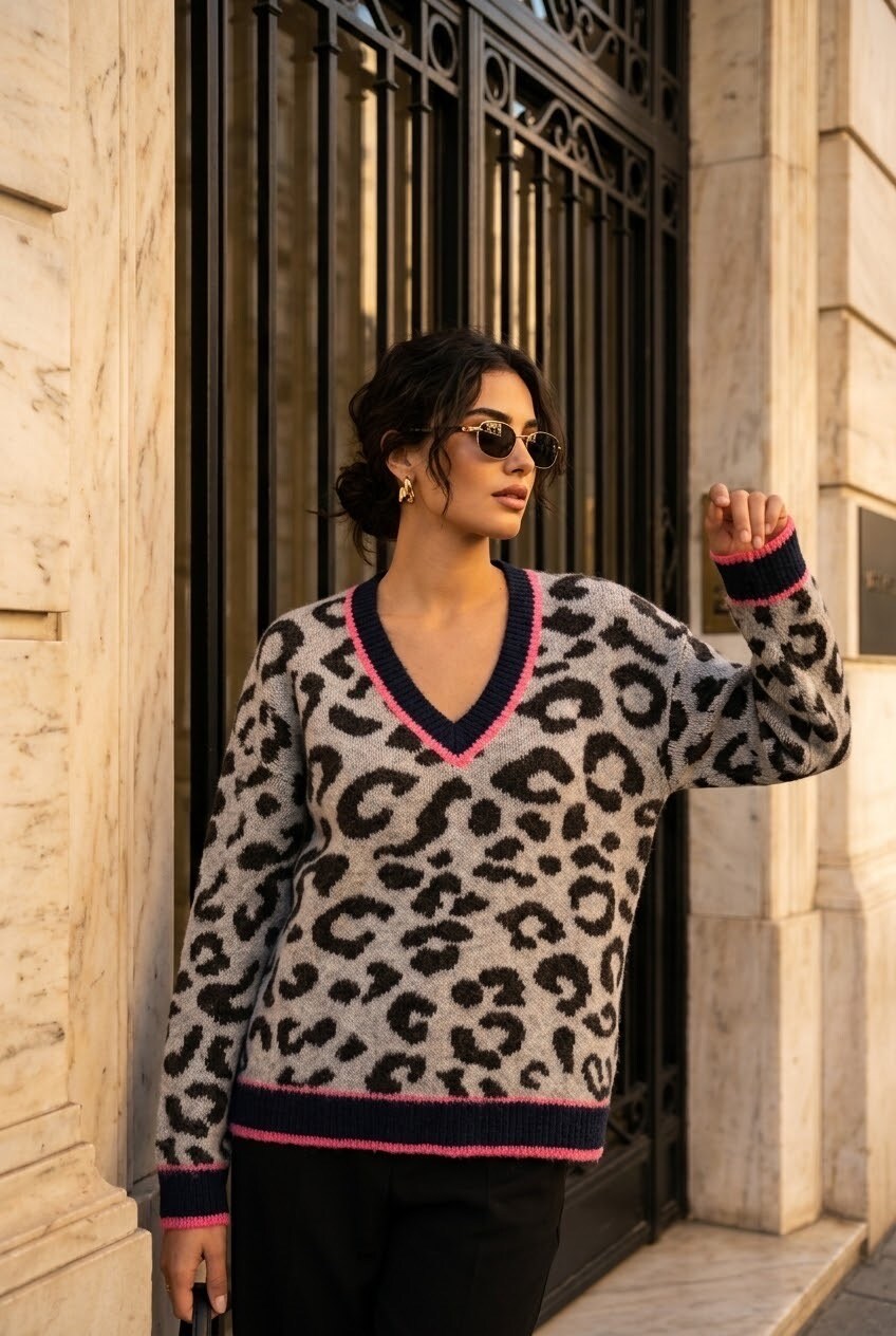 Grossiste SOKY & SOKA - Pull femme léopard col V