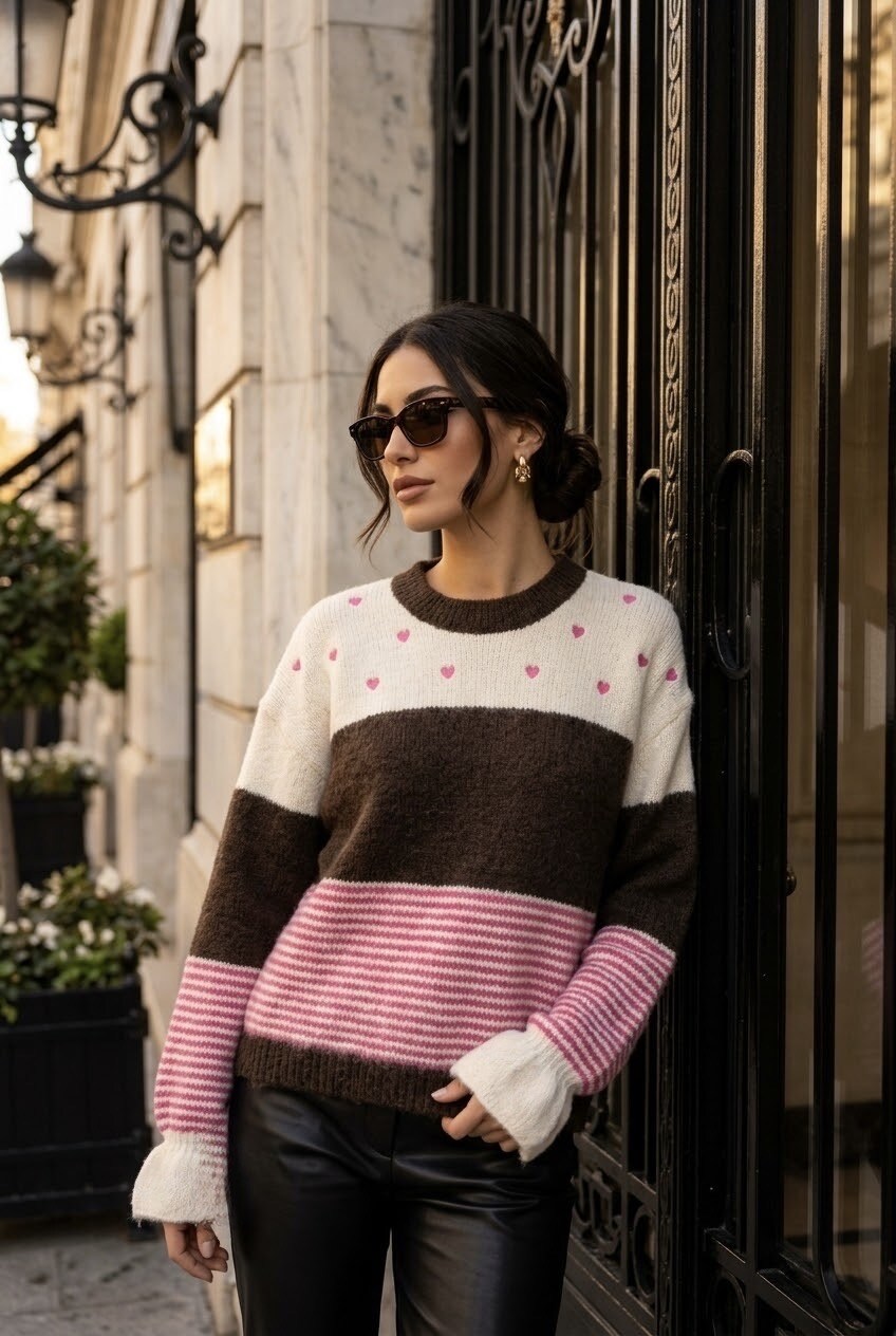 Grossista SOKY & SOKA - Maglione da donna a righe con piccoli cuori