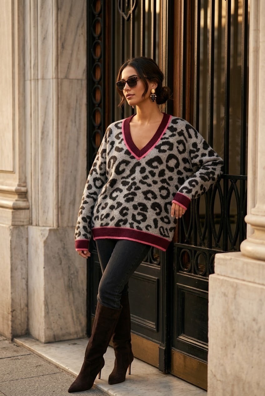 Mayorista SOKY & SOKA - Suéter de mujer con estampado de leopardo y cuello en V