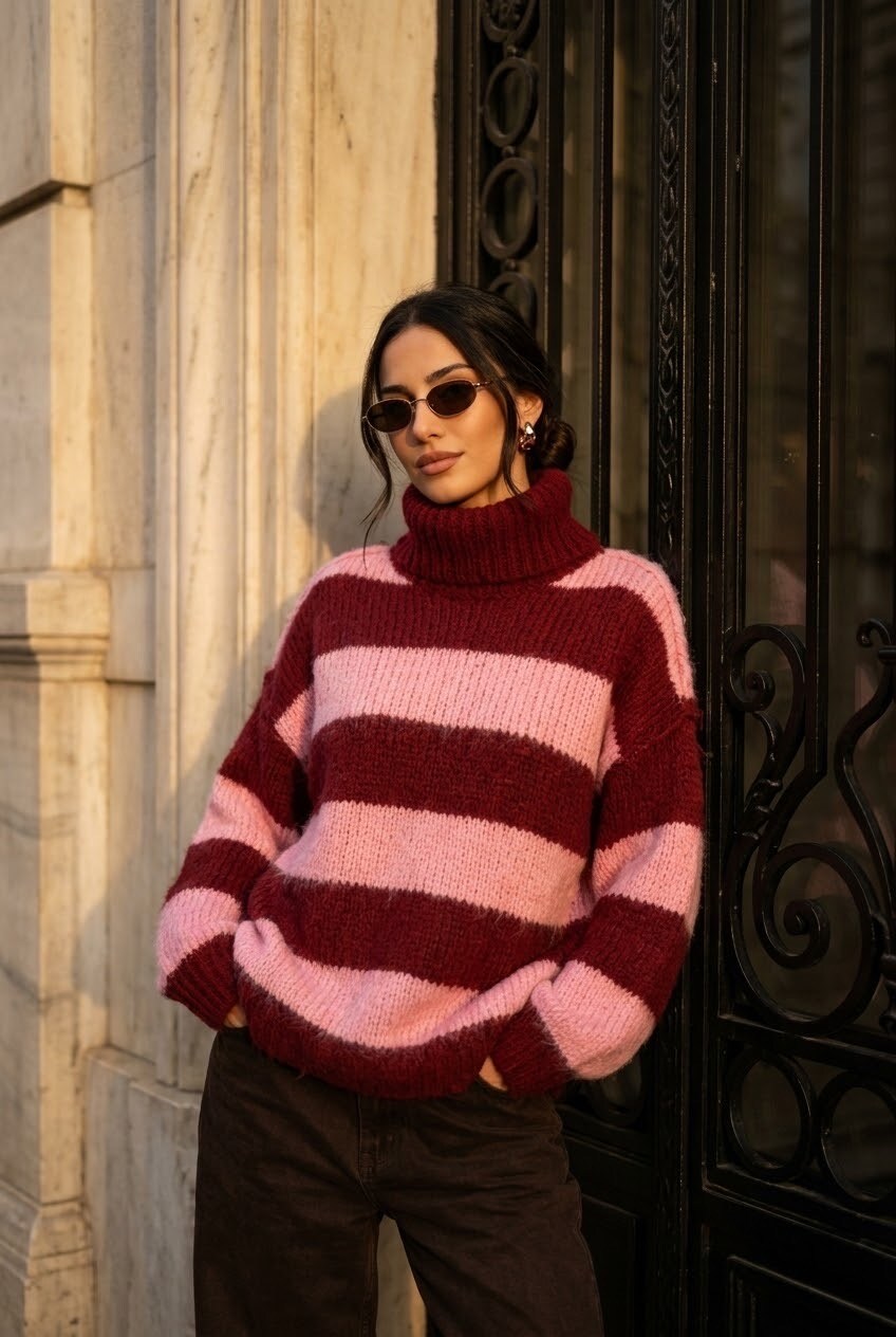 Grossiste SOKY & SOKA - Pull femme col roulé rayé