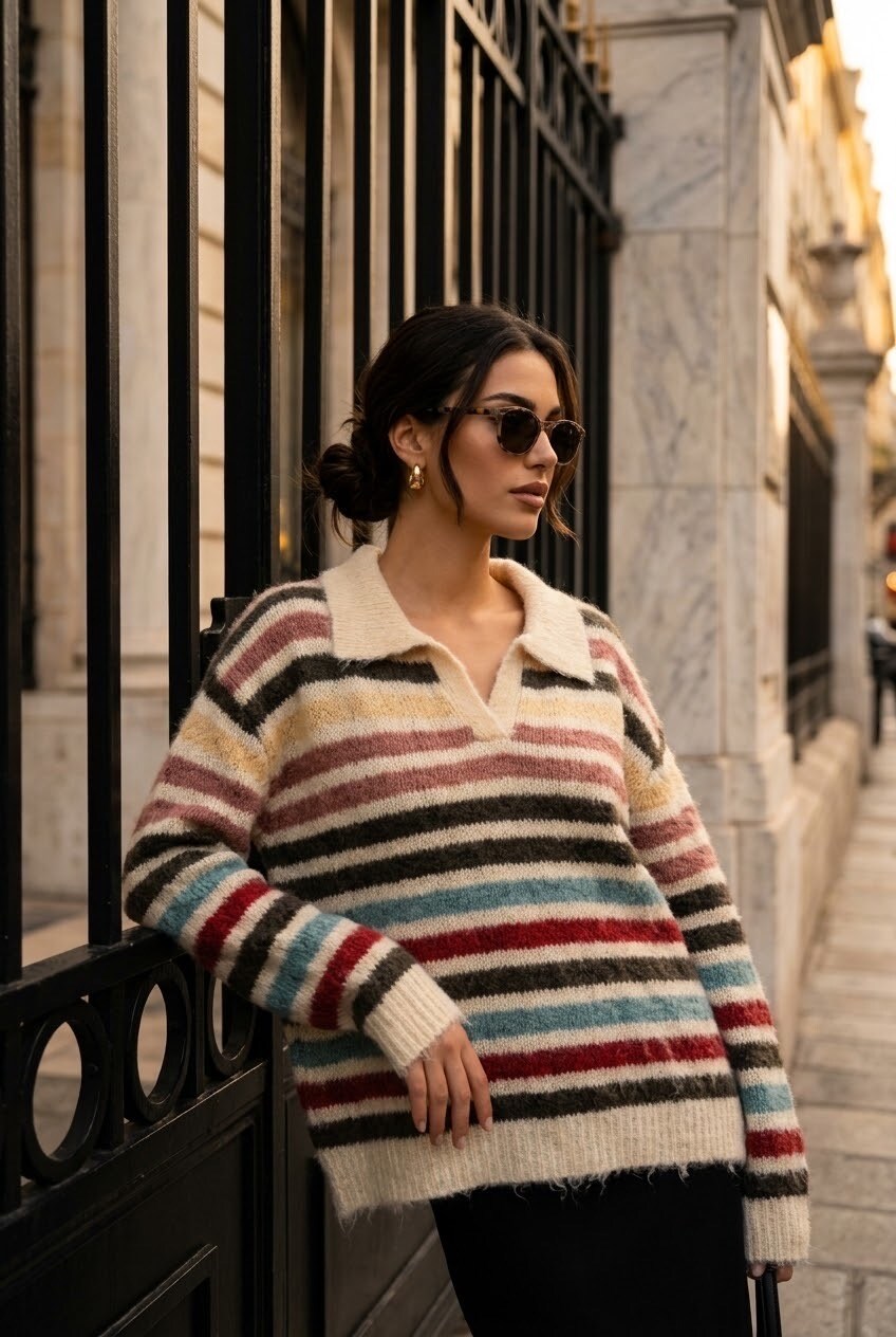 Grossiste SOKY & SOKA - Pull femme rayé col polo