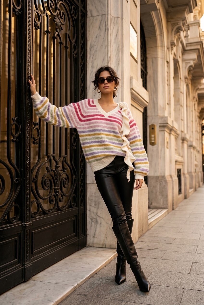 Grossiste SOKY & SOKA - Pull femme rayé volant et fleur