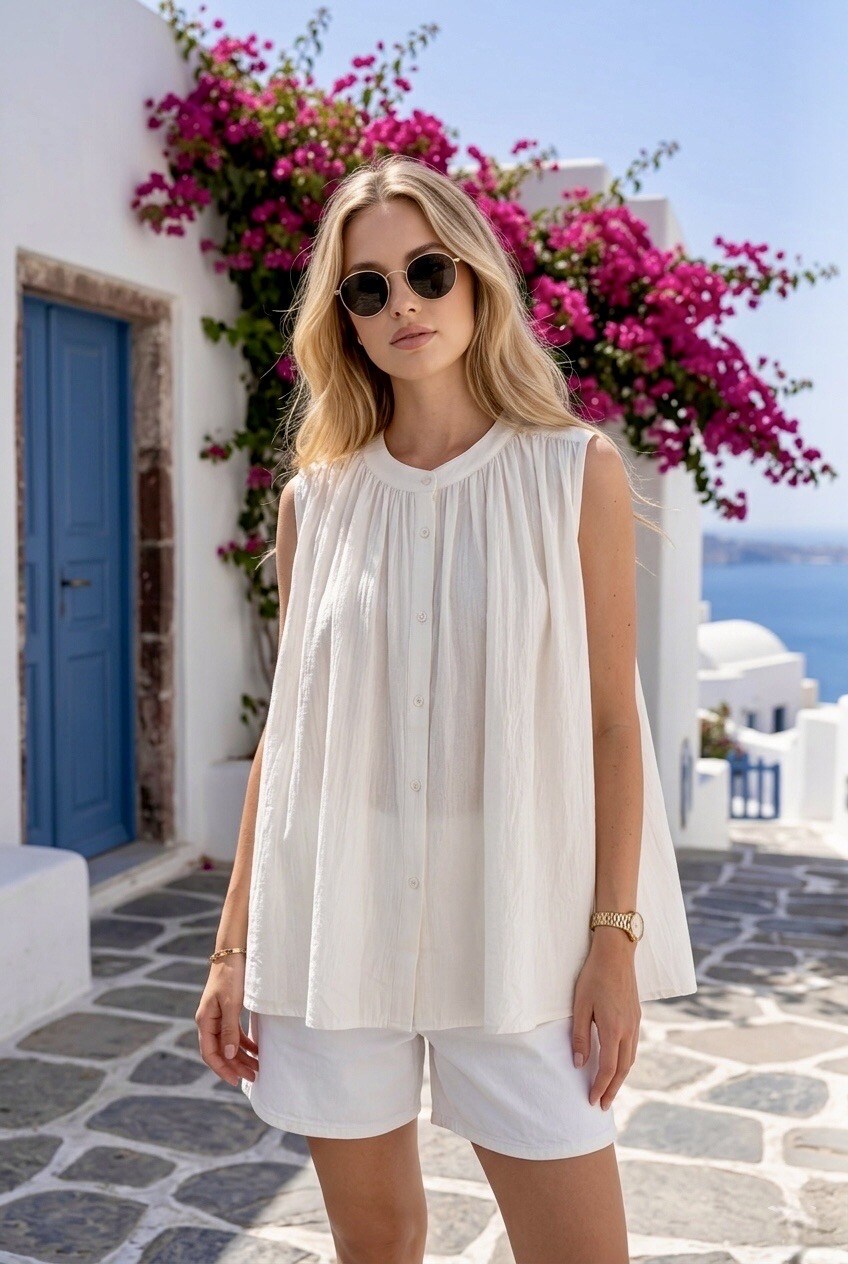 Grossiste SOKY & SOKA - Top fluide sans manches blanc bleu rose