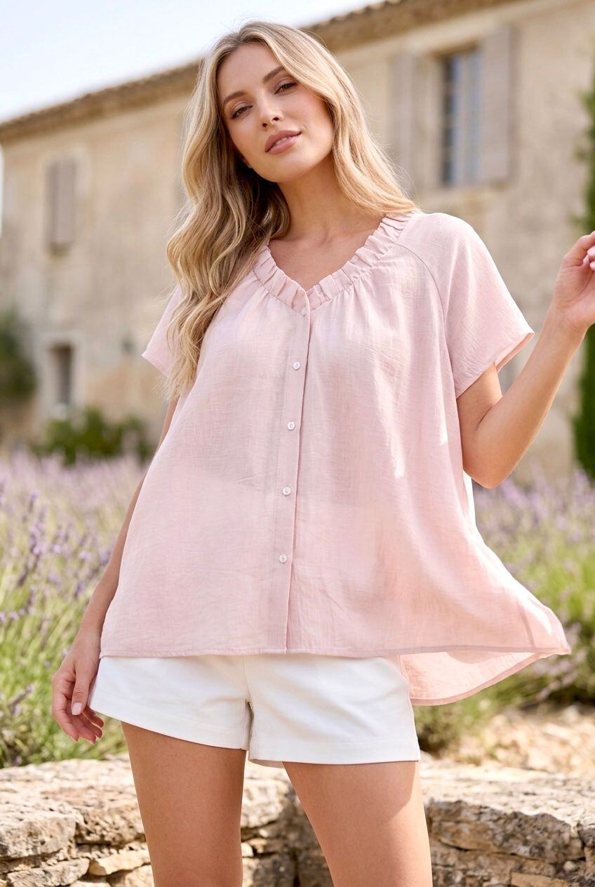 Grossiste SOKY & SOKA - Top fluide col volant blanc bleu rose