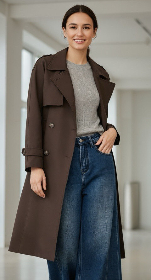 Discover a revisited trench in an even more modern and refined version. Its long, structured cut enhances each silhouette with natural elegance, while its double-breasted design brings a timeless classic touch. The matching belt allows you to perfectly adjust the waist to create a style that is as chic as it is comfortable. This model stands out for its high-end details: carefully crafted shoulder pads, storm flap at the back, clean-finished side pockets and adjustable tabs at the cuffs for impeccable support. Its fluid fabric offers a controlled drape and optimal everyday comfort. Versatile and timeless, this trench coat is suitable for both professional looks and casual outfits. An essential piece to assert a sophisticated style, from morning to evening.