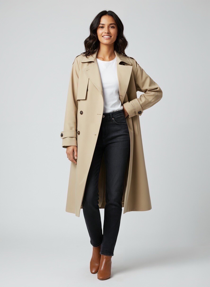 Discover a revisited trench in an even more modern and refined version. Its long, structured cut enhances each silhouette with natural elegance, while its double-breasted design brings a timeless classic touch. The matching belt allows you to perfectly adjust the waist to create a style that is as chic as it is comfortable. This model stands out for its high-end details: carefully crafted shoulder pads, storm flap at the back, clean-finished side pockets and adjustable tabs at the cuffs for impeccable support. Its fluid fabric offers a controlled drape and optimal everyday comfort. Versatile and timeless, this trench coat is suitable for both professional looks and casual outfits. An essential piece to assert a sophisticated style, from morning to evening.