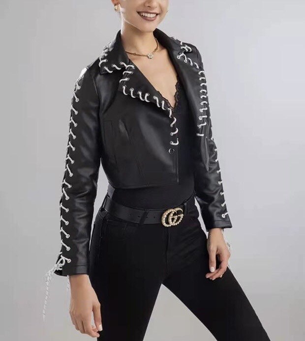 Wholesaler Soy & Co - Faux Leather Jacket with Stitch and Lace up Detail