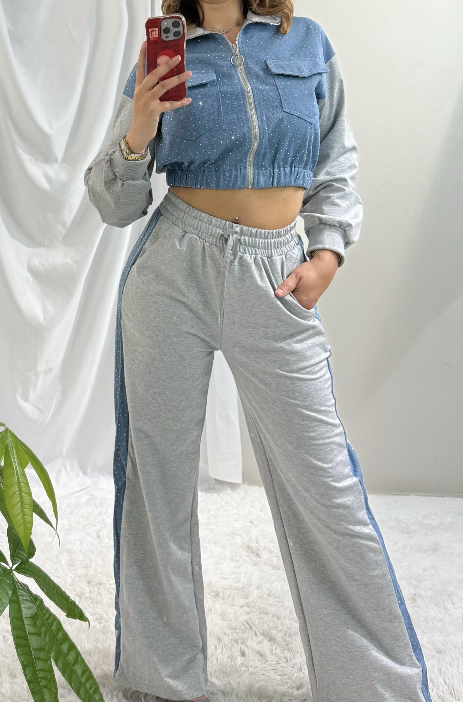 Grossiste Soy & Co - ensemble bimatiere denim avec strass