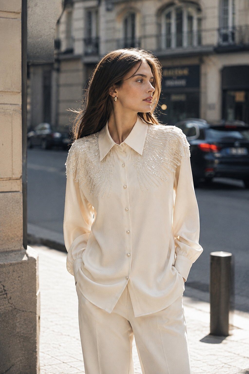 Wholesaler STELLA - Elegant long-sleeve shirt adorned with sequins and pearls on the shoulders
